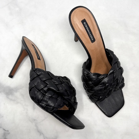 BCBGMaxAzria Barba Leather Woven Braided Square Toe Mule Sandal Heels Black 9 - Picture 1 of 13